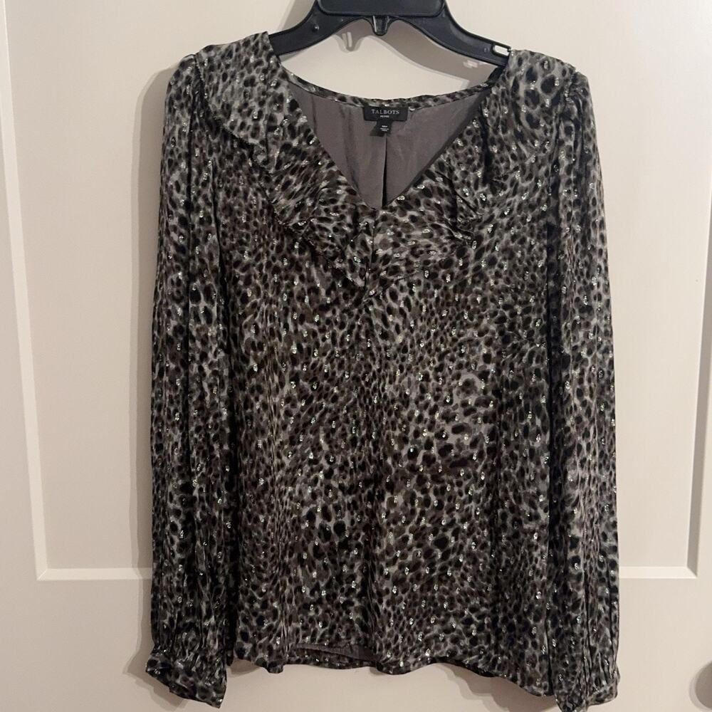 Talbots Blouse Petite MP Gray Animal Print Metallic Lined Party Top Mob Wife